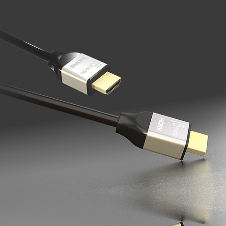 j5create JDC52 Premium High-Speed HDMI®™ Cable with Etherne  (6.6ft)  HDMI cable with gold connectors on a dark gray background