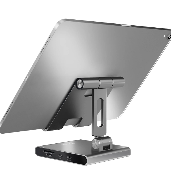 A silver aluminum tablet stand holding an iPad, shown from a rear three-quarter angle on a clean white background.