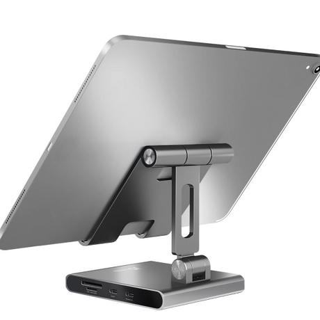 A silver aluminum tablet stand holding an iPad, shown from a rear three-quarter angle on a clean white background.