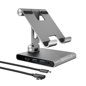Silver tablet stand with USB ports and cable on a white background
