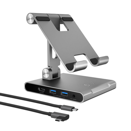 Silver tablet stand with USB ports and cable on a white background