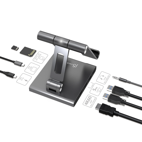 USB-C hub with cables and connectors on a white background