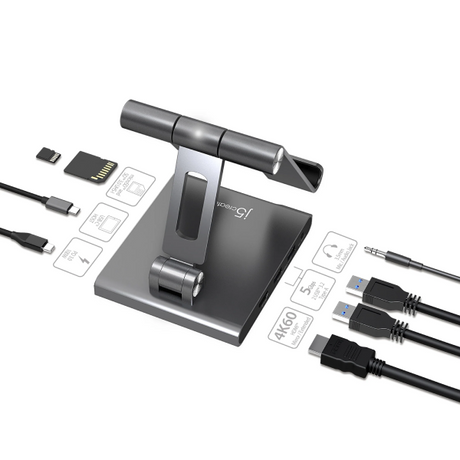 USB-C hub with cables and connectors on a white background