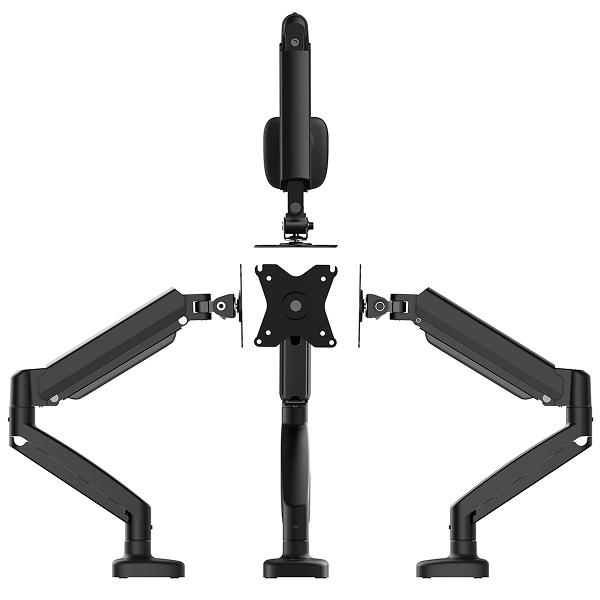 j5create JTSA101 Ergonomic Monitor Mount Support 17 inches to 32inchesA black dual-arm monitor stand with a central vertical arm and two adjustable side arms, shown from the front on a plain white background.