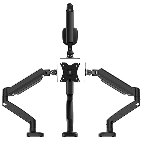 j5create JTSA101 Ergonomic Monitor Mount Support 17 inches to 32inchesA black dual-arm monitor stand with a central vertical arm and two adjustable side arms, shown from the front on a plain white background.