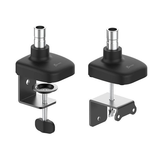 j5create JTSA101 Ergonomic Monitor Mount Support 17 inches to 32inches monitors weighing up to 8kg - 20000 tested stability - DokkanTech Two black and silver clamp fixtures on a white background