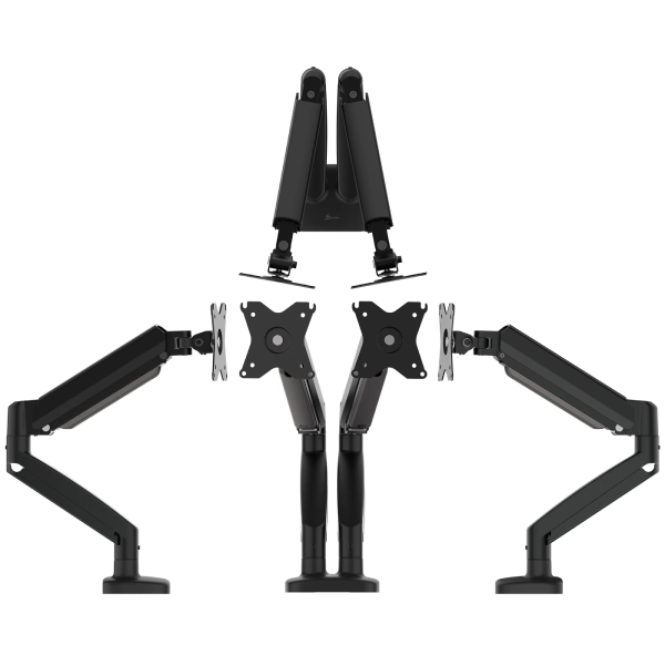 Set of black monitor arms on a white background