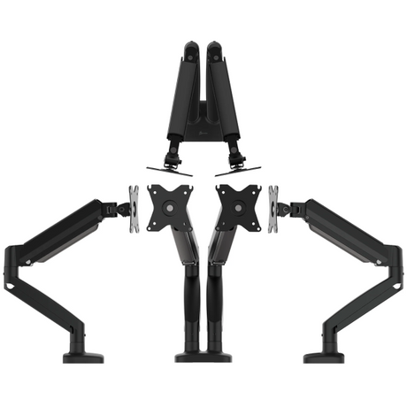 Set of black monitor arms on a white background