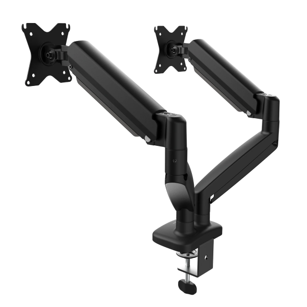 Black dual monitor arm on a white background