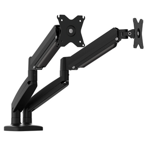Black dual monitor stand on a white background
