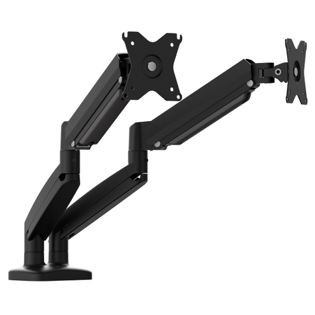 Black dual monitor stand on a white background