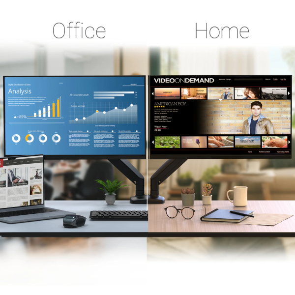 A split comparison graphic labeled 'Office' on the left and 'Home' on the right, showing two computer setups. The left setup is a clean office desk with a monitor displaying analytics, a laptop, keyboard, mouse, and small plant.