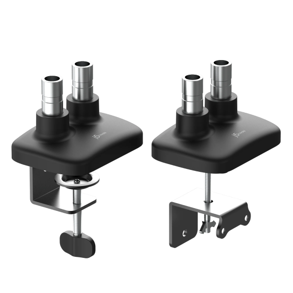 Two black and silver dual eyepiece microscope mounts shown on a plain white background, one with the clamp extended downward and one with the clamp folded back.