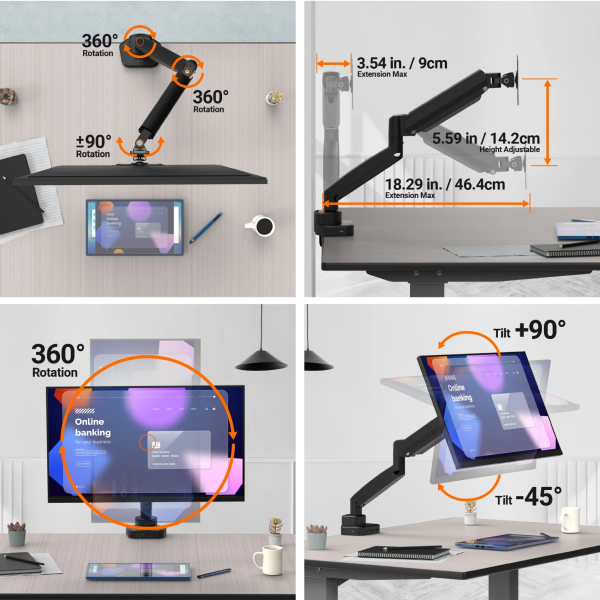 Monitor stand with various adjustable features on a desk setup.