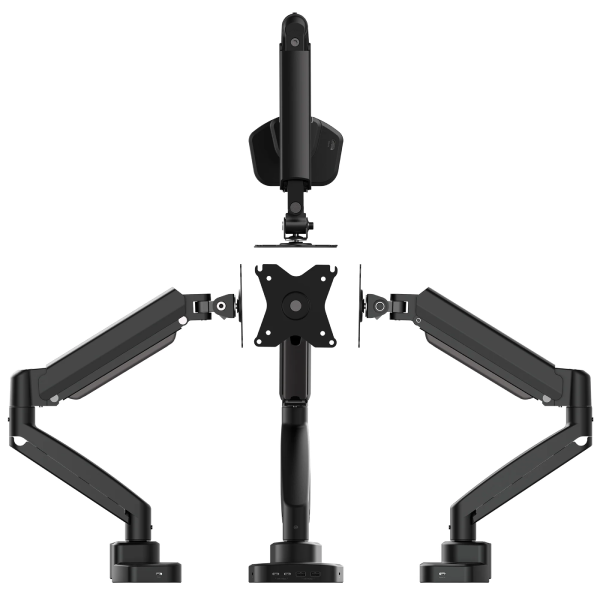 Black adjustable monitor stand on a white background