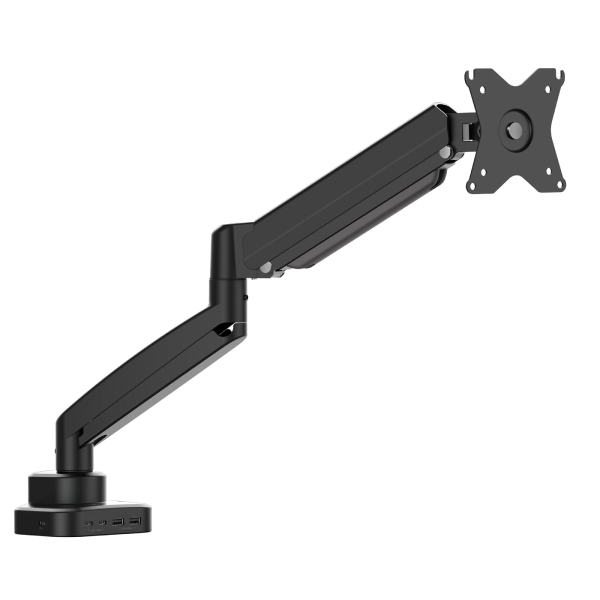 Black monitor arm with attached monitor on a white background