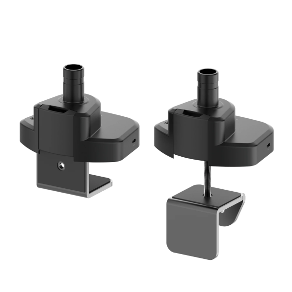 Two black metal brackets on a white background
