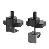 Two black metal brackets on a white background
