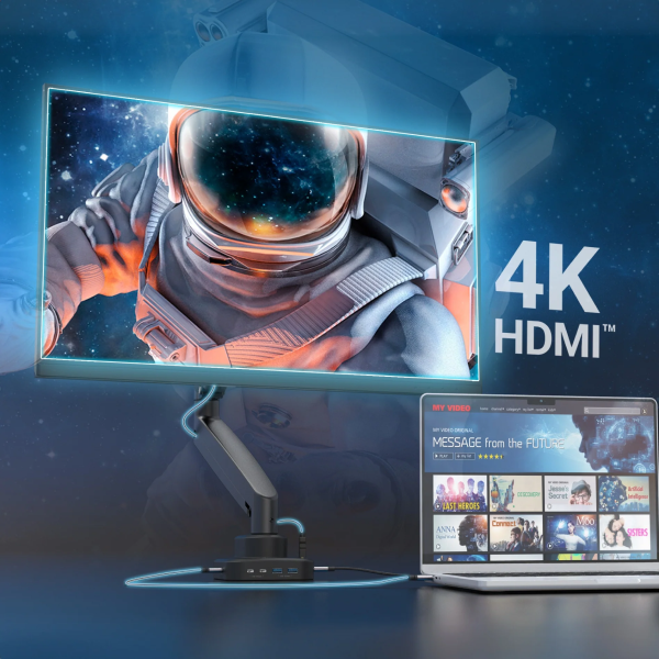 A 4K HDMI monitor with a dark stand is shown displaying an astronaut scene, with a laptop in front and large '4K HDMI' text on a blue space-themed background.