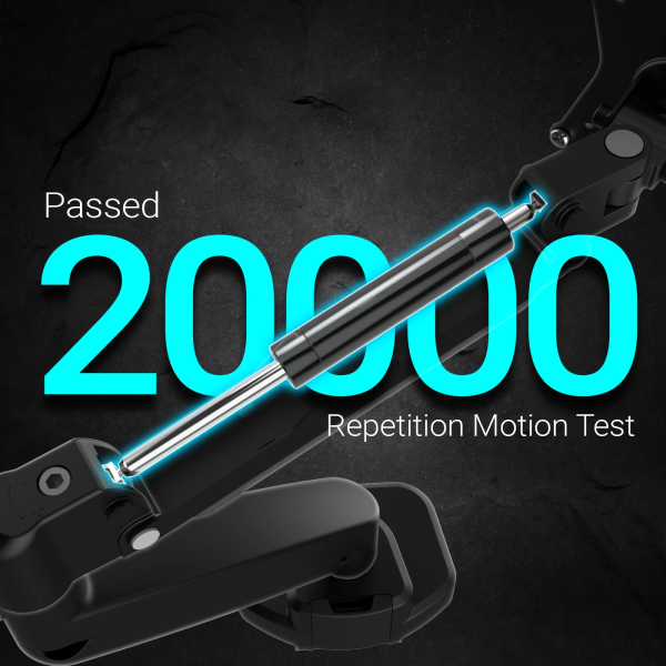A black and silver linear actuator or hydraulic cylinder shown diagonally on a dark textured background, with large cyan text reading 'Passed 20000 Repetition Motion Test'.