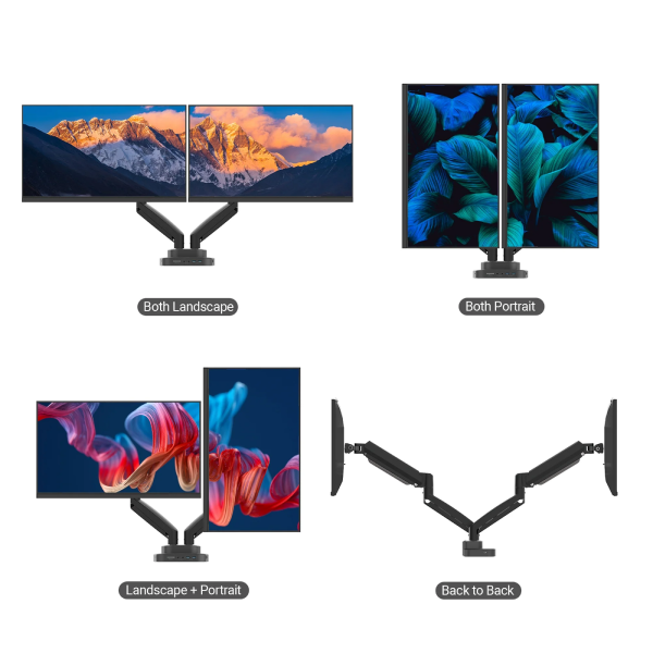 A 4-panel monitor arm configuration shown in four layout options on a white background: both landscape, both portrait, landscape plus portrait, and back to back. The image includes the monitor screens with sample wallpapers and black articulated arms with mounting brackets.