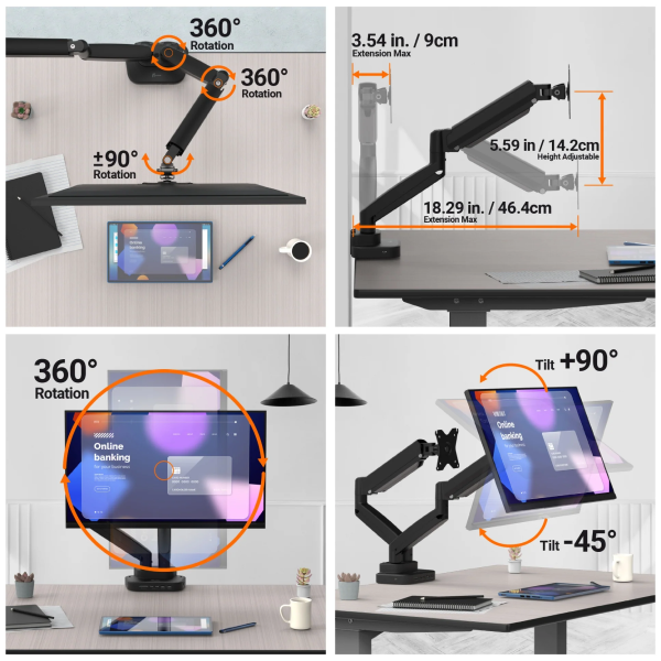 A 2x2 product feature collage showing a black adjustable monitor arm and stand in use on a desk. The quadrants highlight rotation capabilities: 360° horizontal and vertical rotation, +/- 90° tilt, +/- 45° tilt, with dimension callouts including 18.