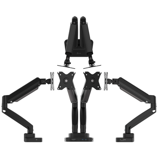 Black adjustable monitor arms on a white background
