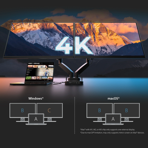 Two monitors displaying a mountain scene with '4K' text, connected to a laptop, on a dark background.