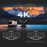Two monitors displaying a mountain scene with '4K' text, connected to a laptop, on a dark background.