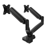 Black dual monitor stand on a white background