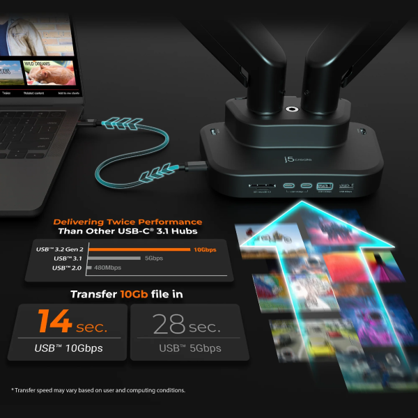 USB-C hub with laptop and monitor setup on a dark surface, highlighting transfer speeds and performance.