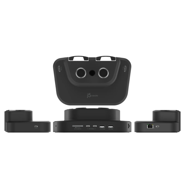 Black 3D virtual reality headset and base station kit on a white background, showing the front of the headset, the base unit, and two side modules.