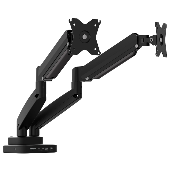 Black dual monitor arm on a white background