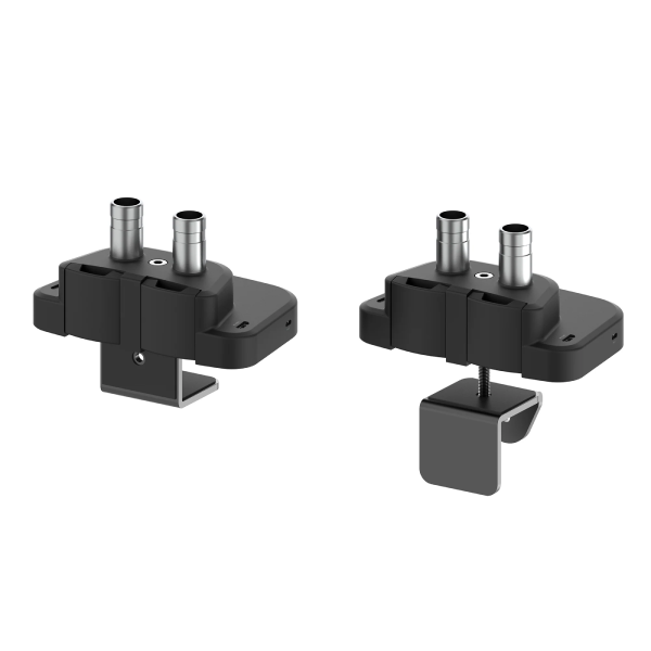 Two black metal brackets with cylindrical components on a white background