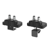 Two black metal brackets with cylindrical components on a white background