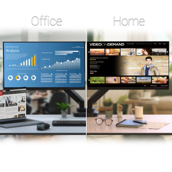 A split-screen comparison labeled 'Office' on the left and 'Home' on the right, showing two computer monitors and a laptop on desks in different indoor settings. The office setup has a blue analytics dashboard on the main monitor, while the home setup shows a video-commerce homepage on the main monitor with a blurred living room background.