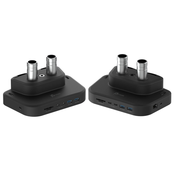 Two black electronic adapters with dual silver metal tubes on top, shown side by side on a plain white background.