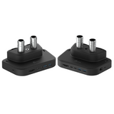 Two black electronic adapters with dual silver metal tubes on top, shown side by side on a plain white background.