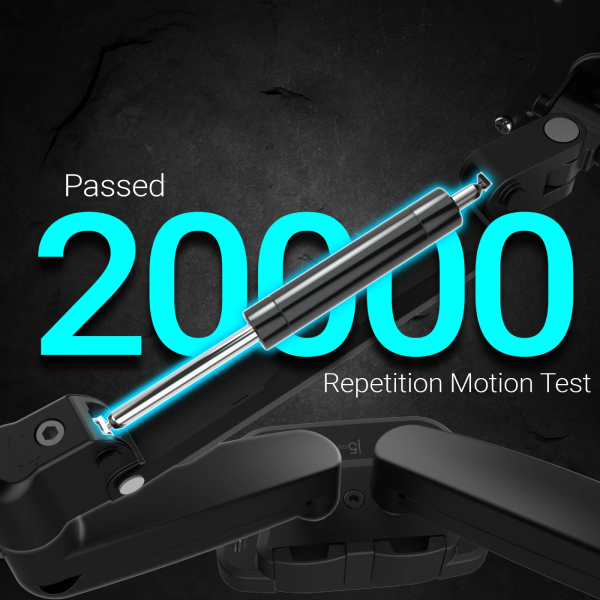 Grip with a mechanical component and text indicating 20,000 repetition motion test on a dark background