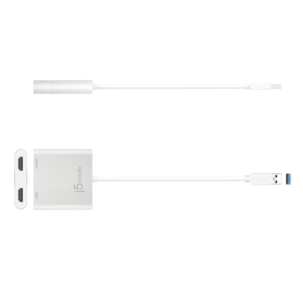 A white J6 smart USB-C to USB-A adapter cable with a multi-port hub, featuring two USB-C ports and one USB-A port, shown on a plain white background.