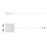 A white J6 smart USB-C to USB-A adapter cable with a multi-port hub, featuring two USB-C ports and one USB-A port, shown on a plain white background.