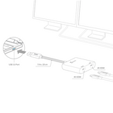 Technical line drawing showing a USB-to-HDMI adapter connected to a monitor, with callouts for USB 3.0 port, 7.