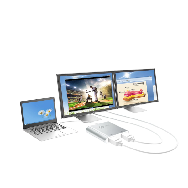 Laptop connected to two monitors displaying different content on a white background
