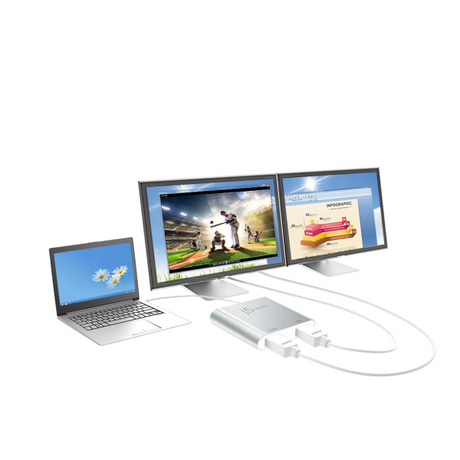 Laptop connected to two monitors displaying different content on a white background