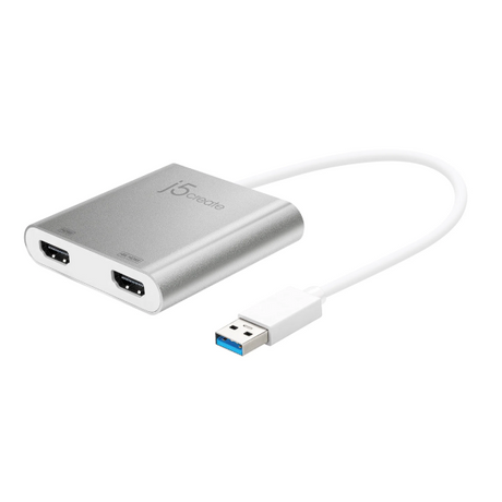 USB adapter with HDMI and USB-C ports on a white background