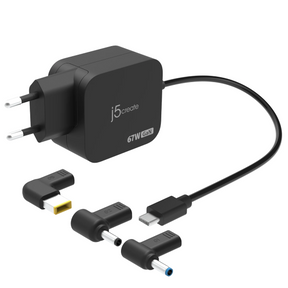 Black 67W USB-C laptop charger adapter with a European plug and multiple connector tips, shown on a white background.