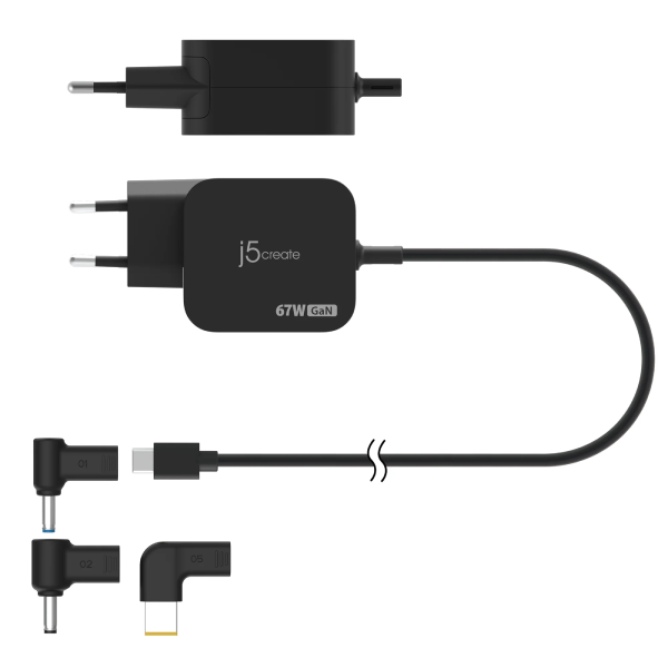 Black 67W USB-C adapter with a flexible cable and multiple connector tips, including USB-C to USB-C and USB-C to USB-A, shown on a white background.