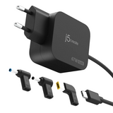 Black 67W j5create laptop charger adapter with a European plug, shown with multiple connector tips and a USB-C cable on a white background.