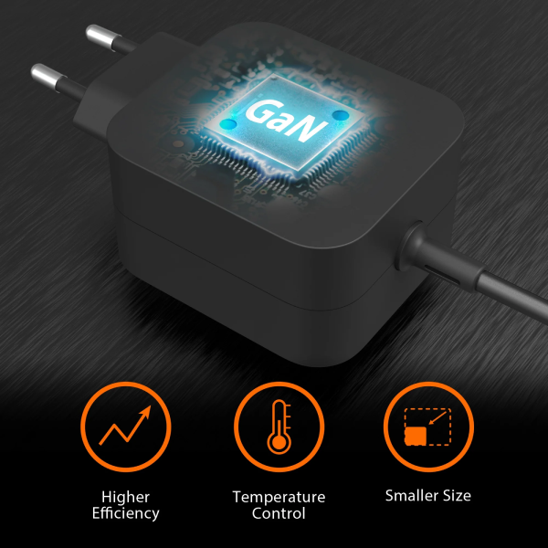A black GaN power adapter with a European two-pin plug, shown on a dark textured background with three orange feature icons below highlighting higher efficiency, temperature control, and smaller size.