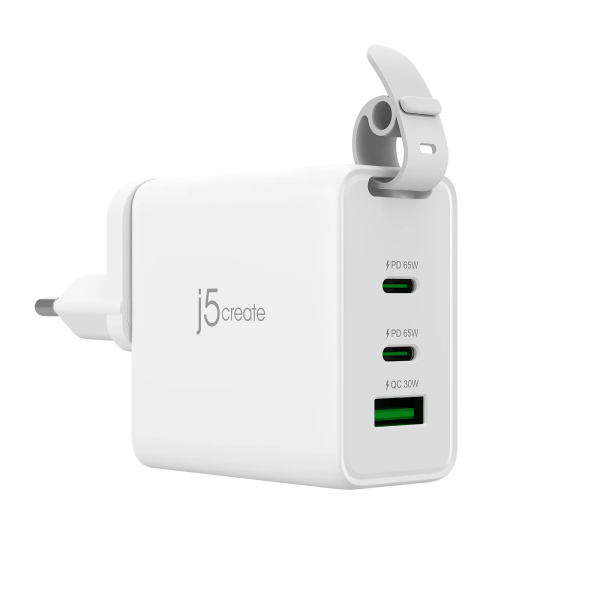 A white J5create dual USB-C power adapter with a European plug, featuring two USB-C ports and one USB-A port on the front face, with a grey plastic clip on top, shown against a plain white background.